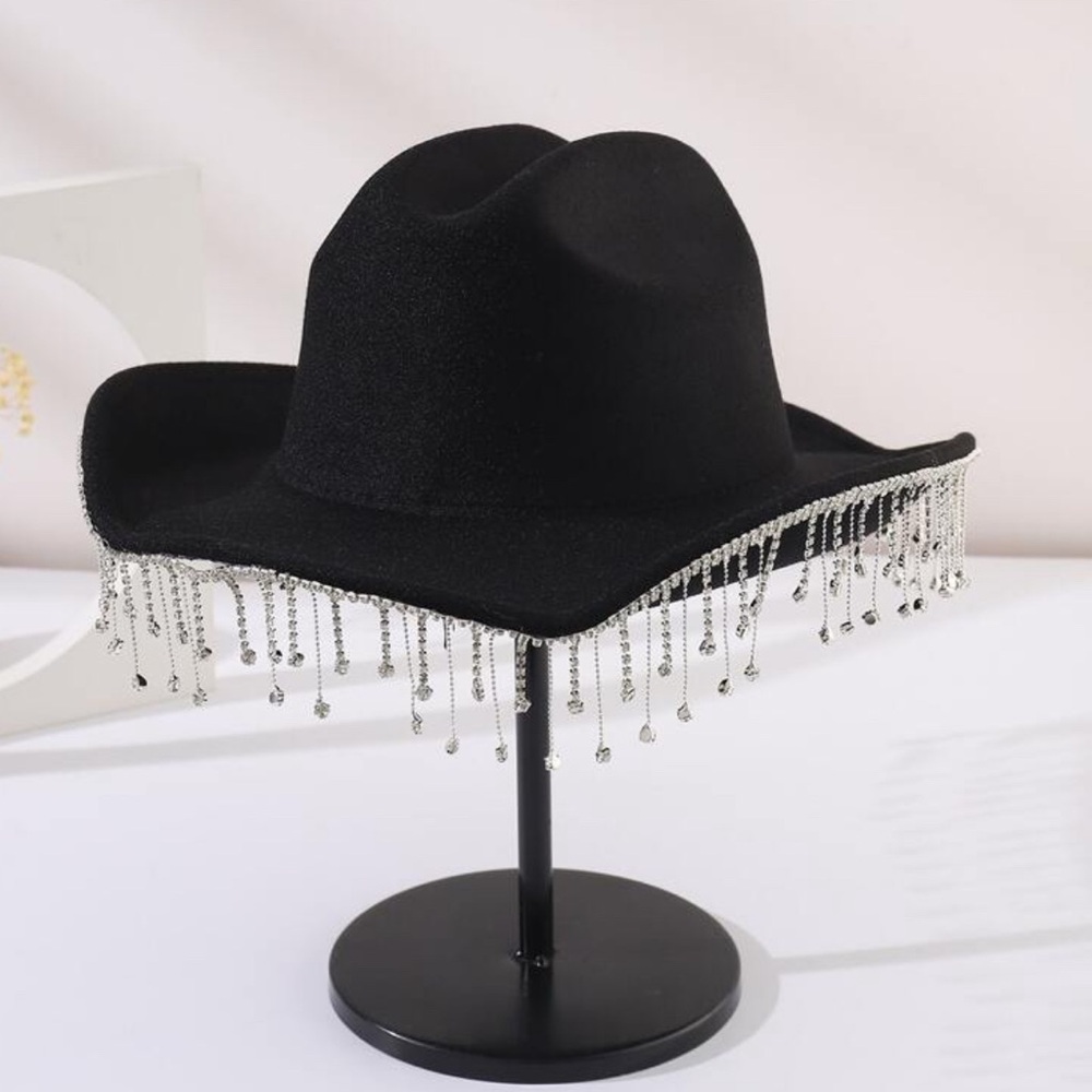Women’s felt Rhinestone Tassel glam bling Decor costume Fedora Cowboy rodeo Hat
